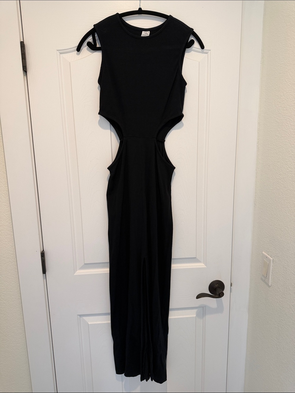 Sleek Black Ribbed Cutout Maxi Dress with front slit